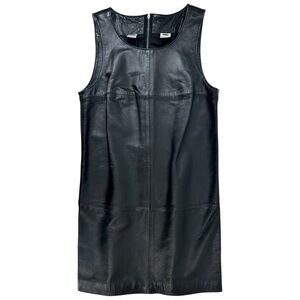 Vintage DKNY Donna Karan Black Real Genuine Leather Shift Mini Dress sz 6